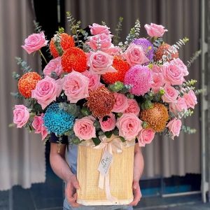 lẵng hoa khai trương để bàn